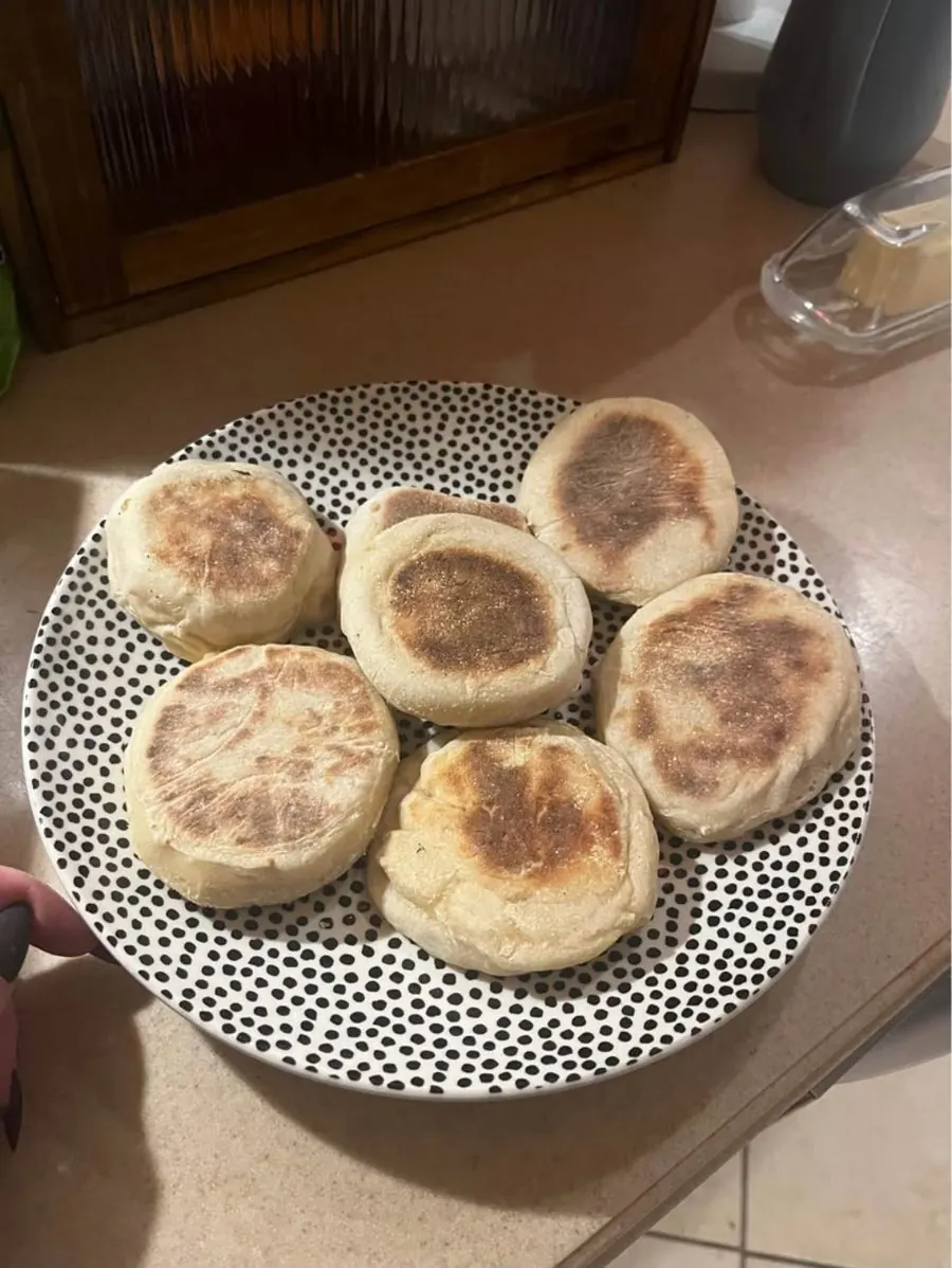 Plate of sourdough English muffins